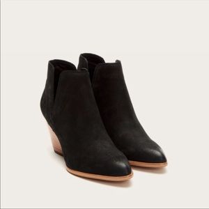 Frye Black Suede Ankle Booties with Tan Wood Heel